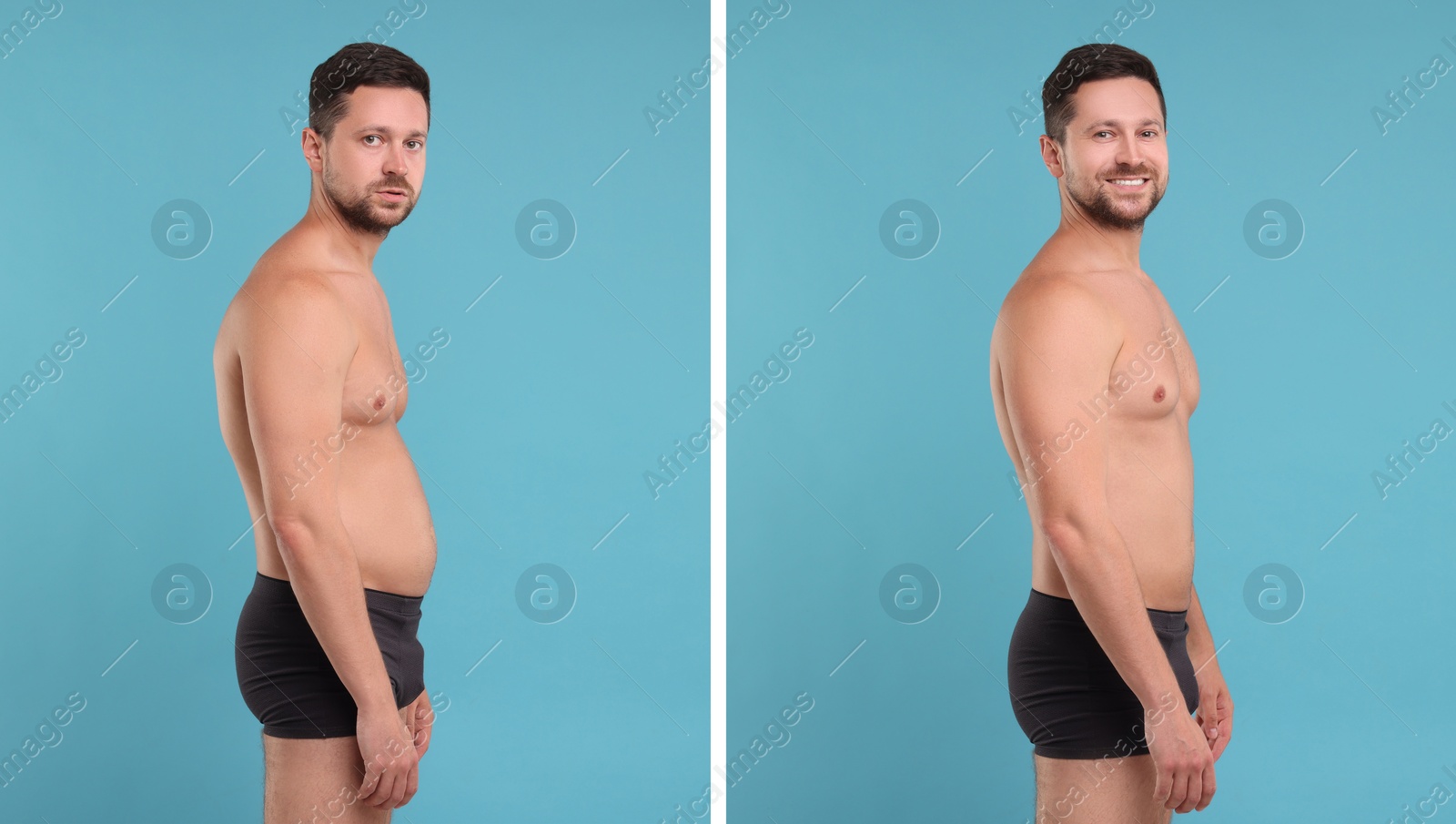 Image of Collage with portraits of man before and after weight loss on light blue background