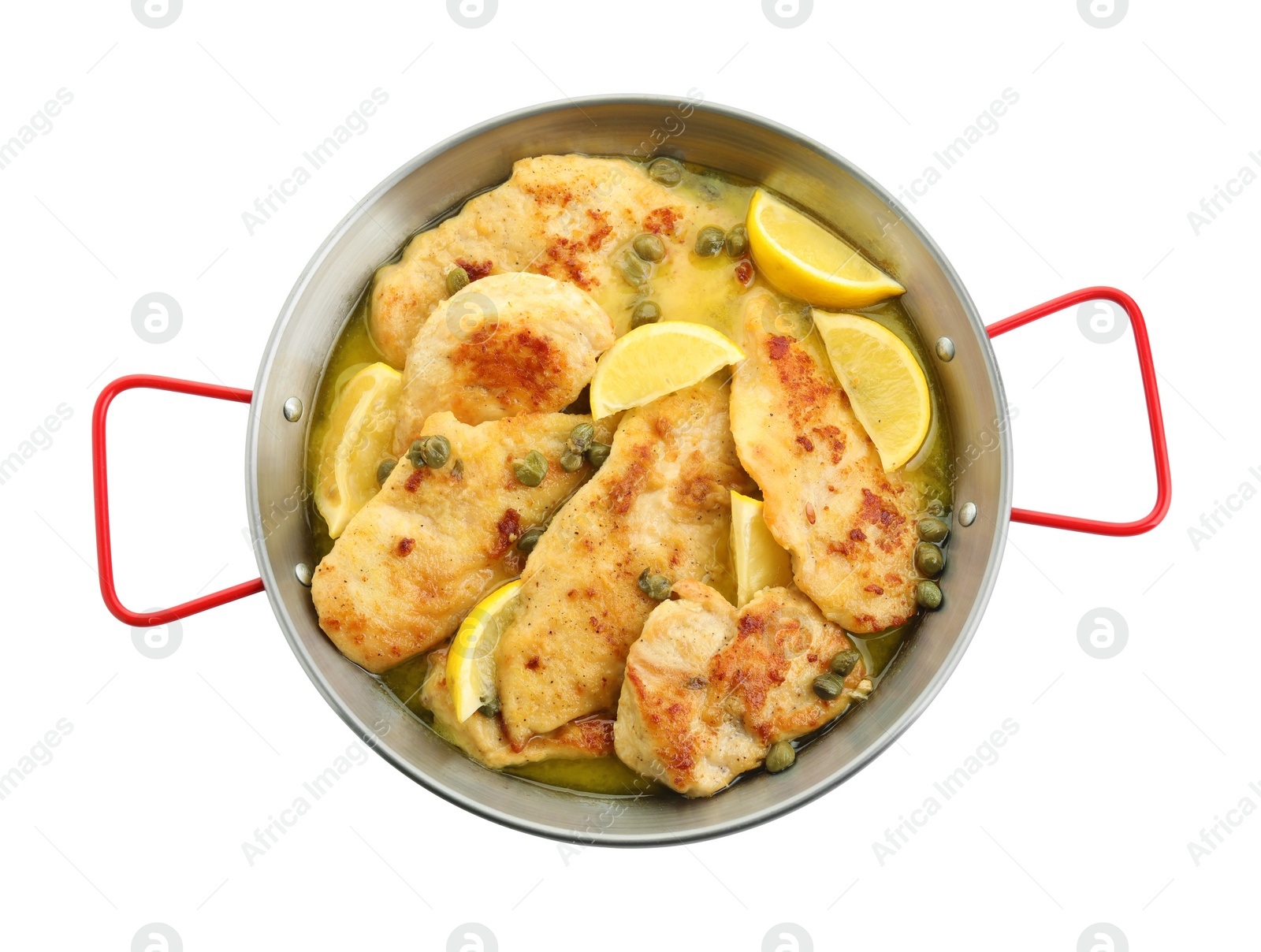 Photo of Delicious chicken piccata isolated on white, top view