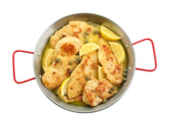 Delicious chicken piccata isolated on white, top view