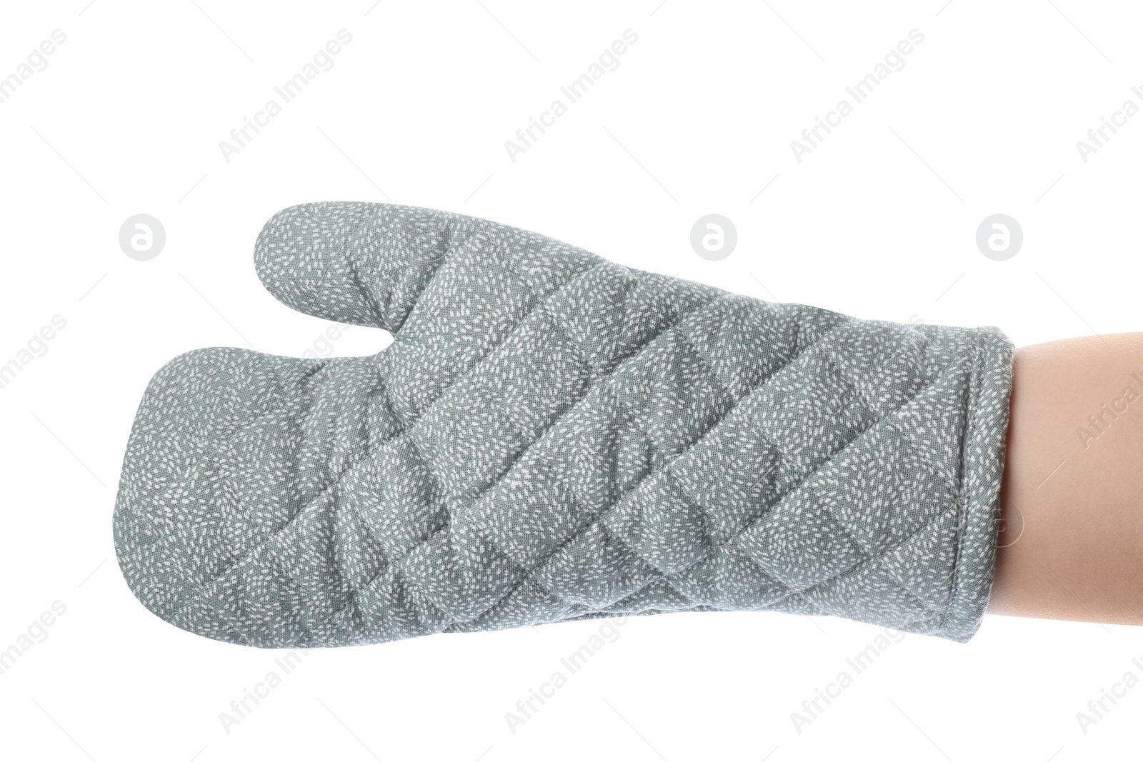 Photo of Chef in oven glove on white background, closeup