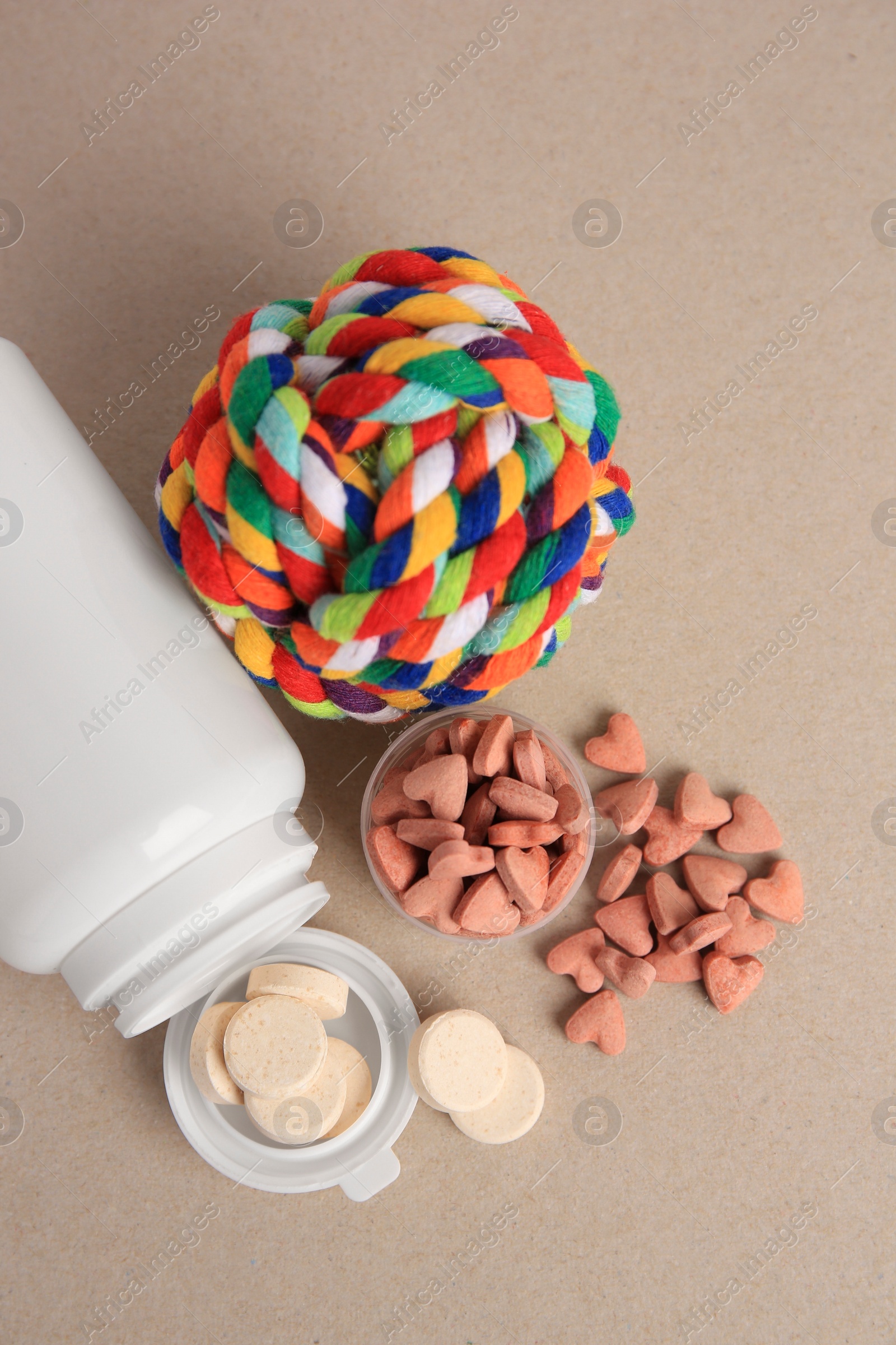 Photo of Different pet vitamins and toy on beige background, flat lay