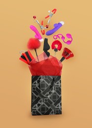 Image of DIfferent sex toys and accessories falling into paper shopping bag on beige background