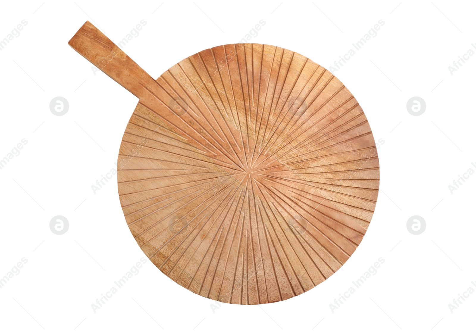 Photo of Wooden cutting board isolated on white, top view. Cooking utensil