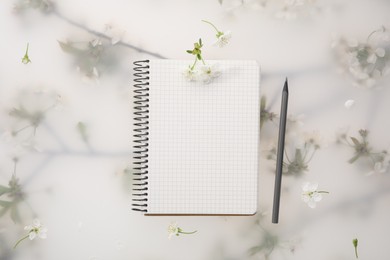 Guest list. Notebook, pencil and beautiful cherry tree blossoms on spring floral background, flat lay