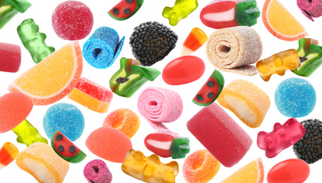 Image of Set of different jelly candies falling on white background, banner design 