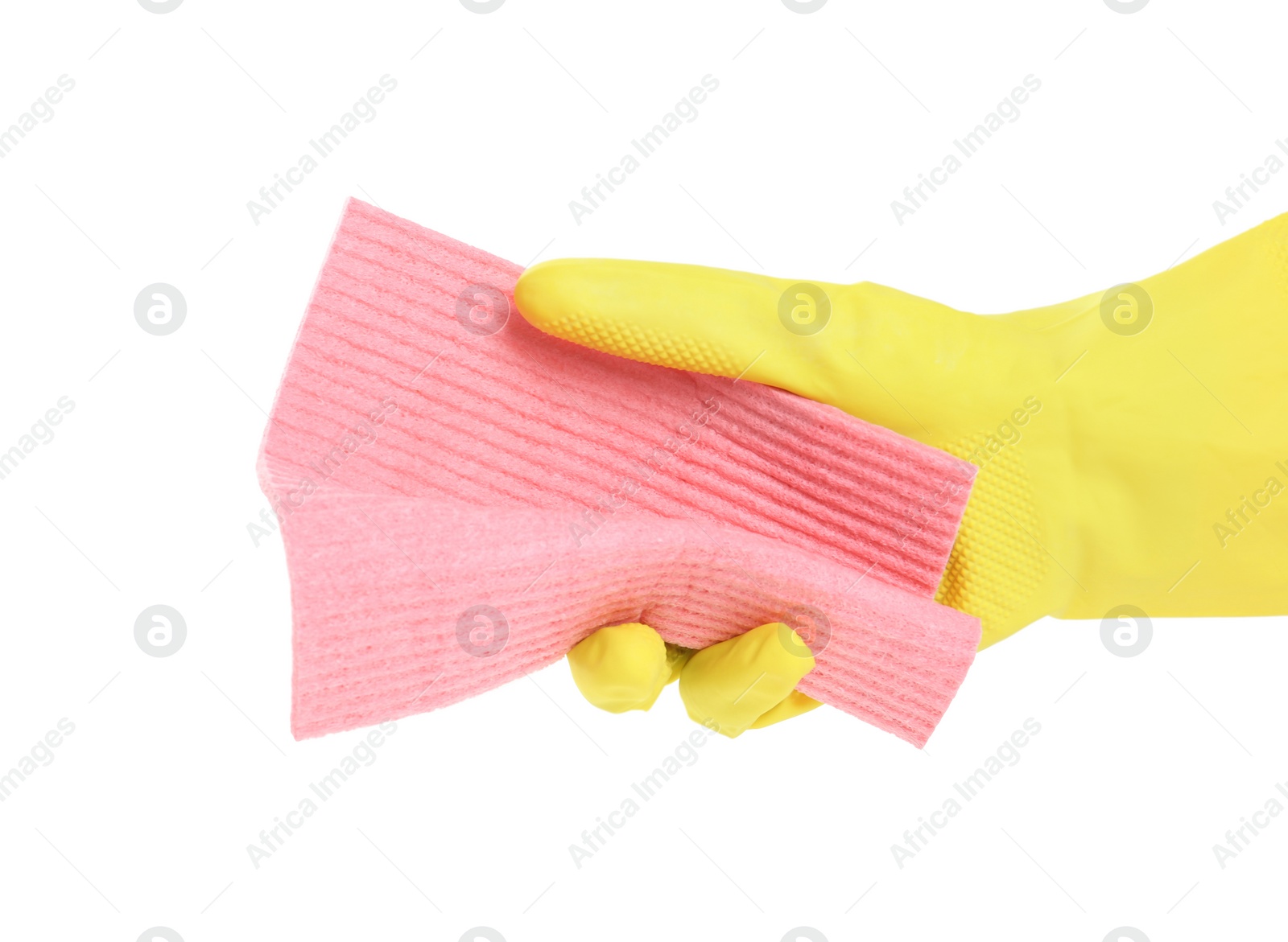 Photo of Person in rubber glove with rag on white background, closeup of hand