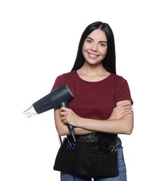 Photo of Portrait of happy hairdresser with hairdryer on white background
