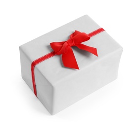 Photo of Beautifully wrapped gift box on white background