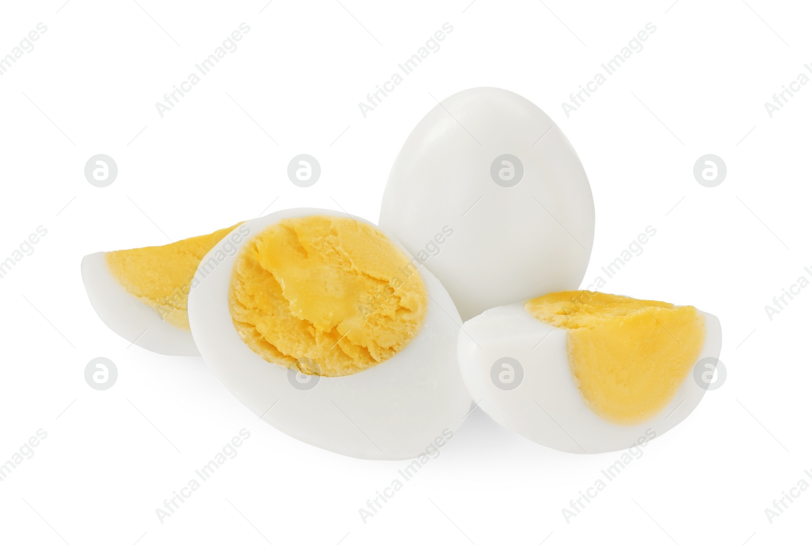 Photo of Peeled hard boiled quail eggs on white background