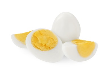 Photo of Peeled hard boiled quail eggs on white background