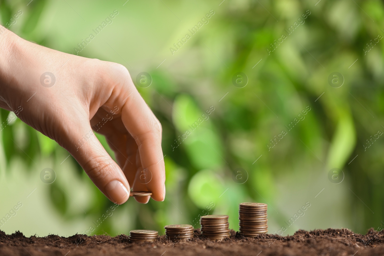 Photo of Woman stacking coins on soil against blurred background, closeup. Money savings