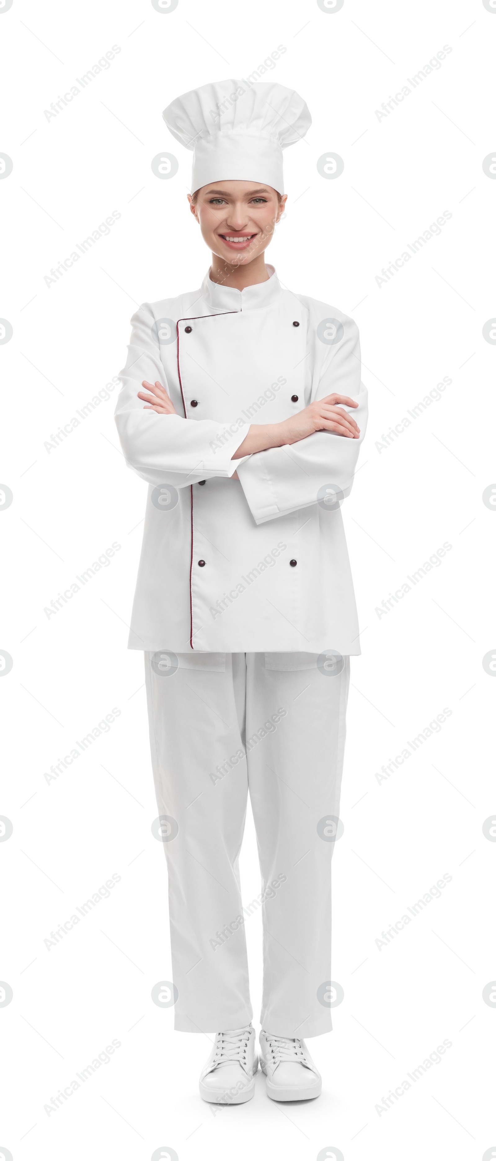 Photo of Happy woman chef in uniform on white background