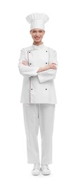 Photo of Happy woman chef in uniform on white background