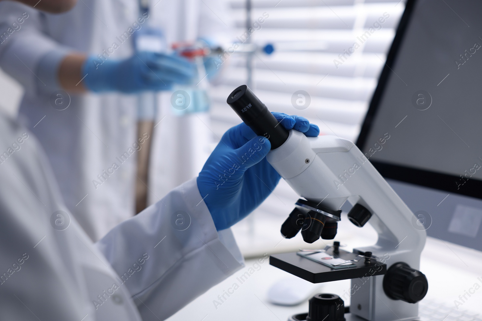 Photo of Scientists working with samples in laboratory, closeup. Medical research