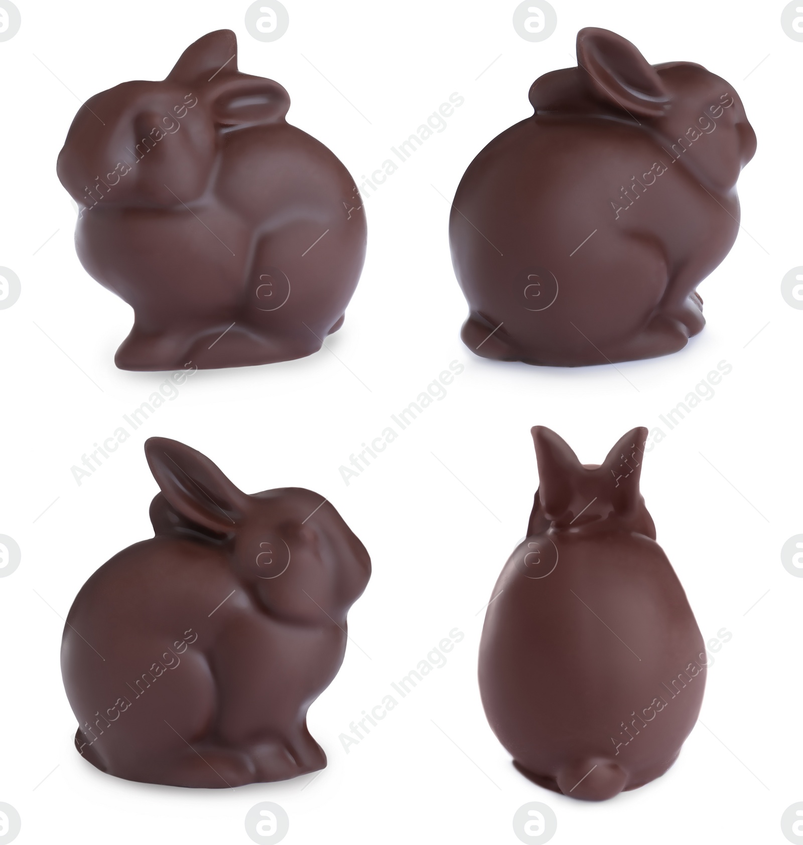 Image of Set with chocolate Easter bunnies on white background 