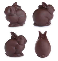 Set with chocolate Easter bunnies on white background 