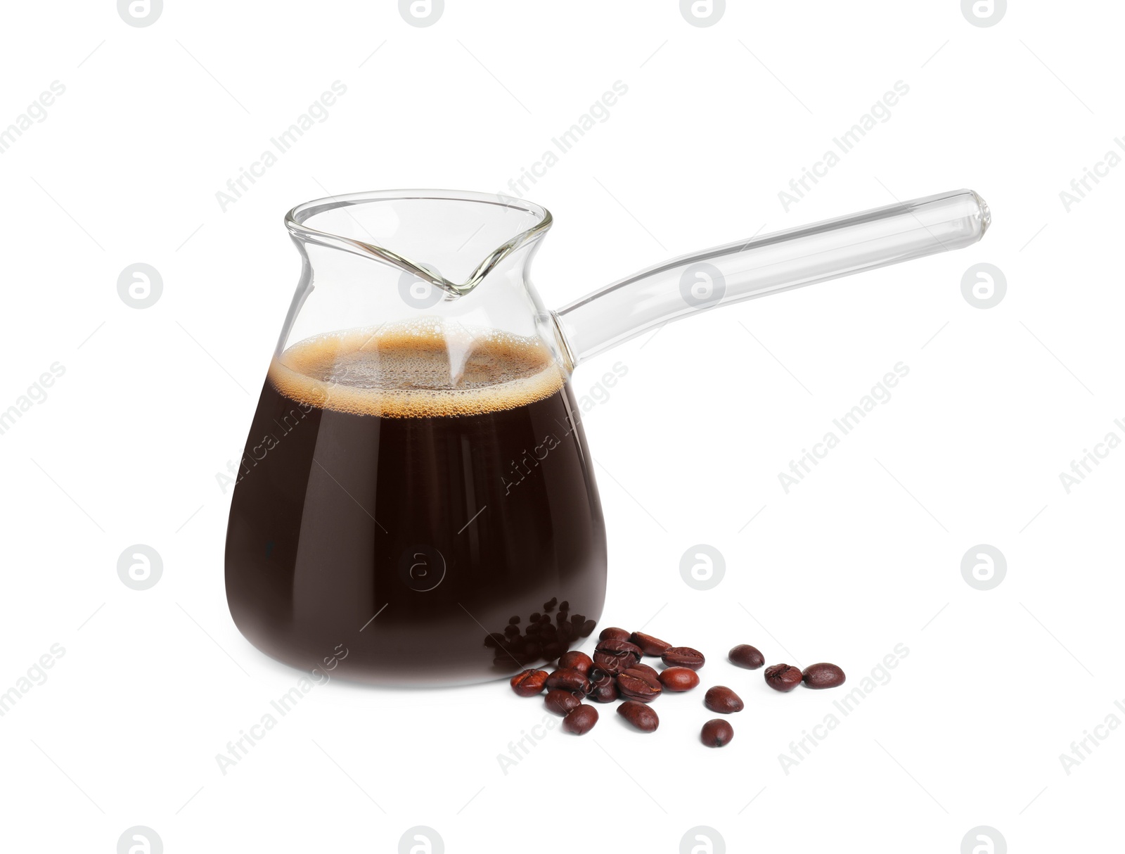 Photo of Glass turkish coffee pot with hot drink and beans on white background