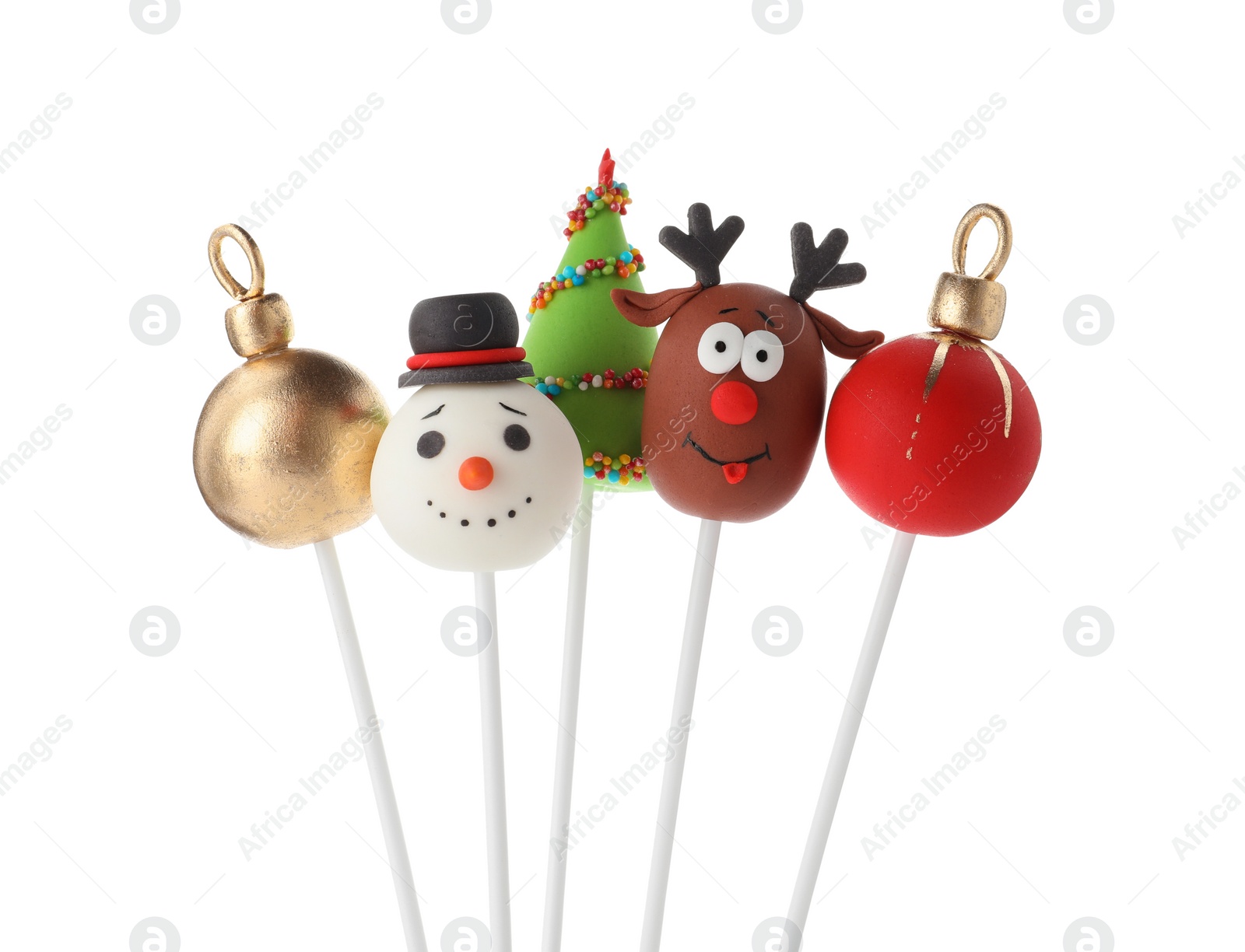 Photo of Delicious Christmas themed cake pops isolated on white