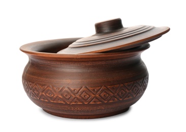 Photo of Stylish brown clay pot on white background