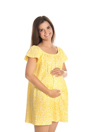 Happy pregnant woman touching her belly on white background