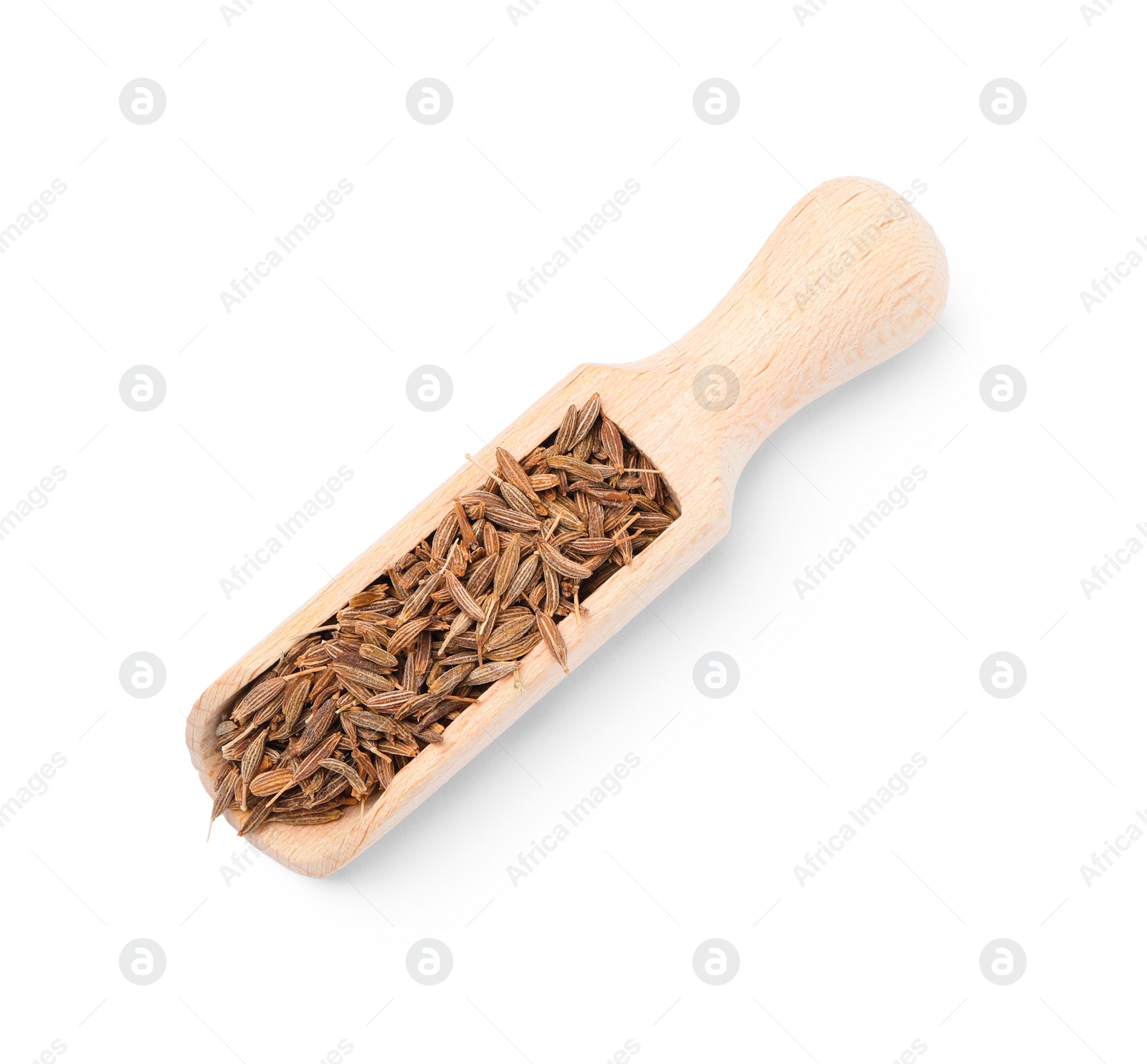 Photo of Scoop of aromatic caraway (Persian cumin) seeds isolated on white, top view