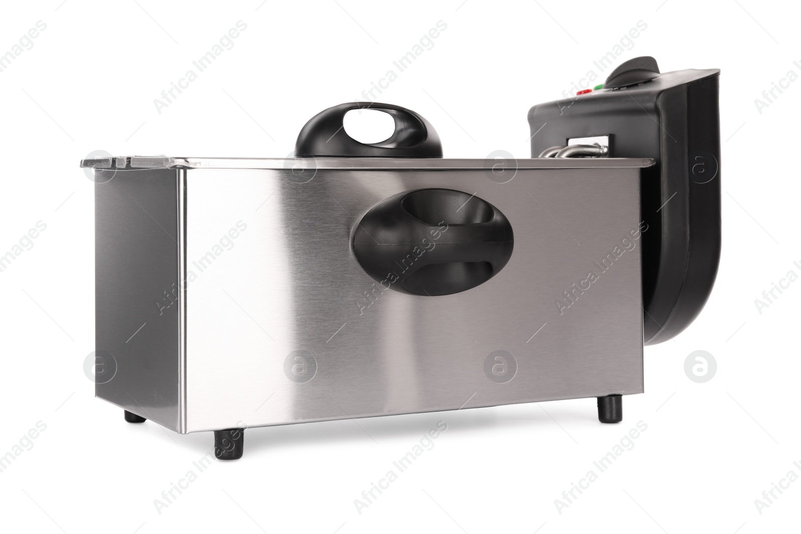 Photo of Modern deep fryer isolated on white. Kitchen device