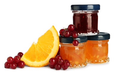 Photo of Jars with different jams and fresh ingredients on white background