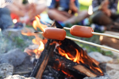 Frying sausages on bonfire, closeup. Summer camp