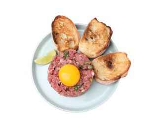 Tasty beef steak tartare served with yolk and toasted bread isolated on white, top view
