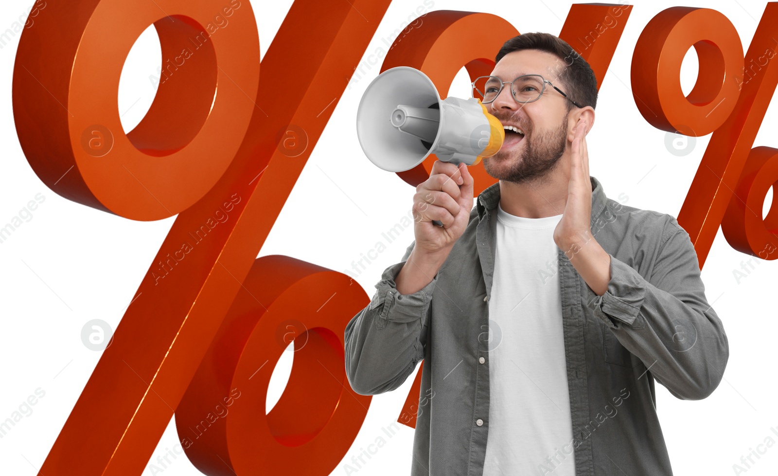 Image of Discount offer. Man shouting into megaphone on white background. Illustrations of percent signs near him