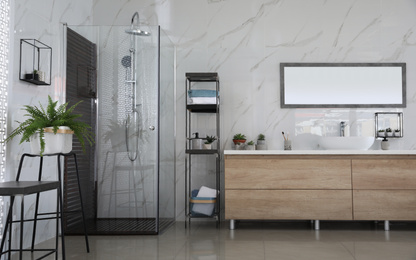 Photo of Bathroom interior with shower stall and counter. Idea for design