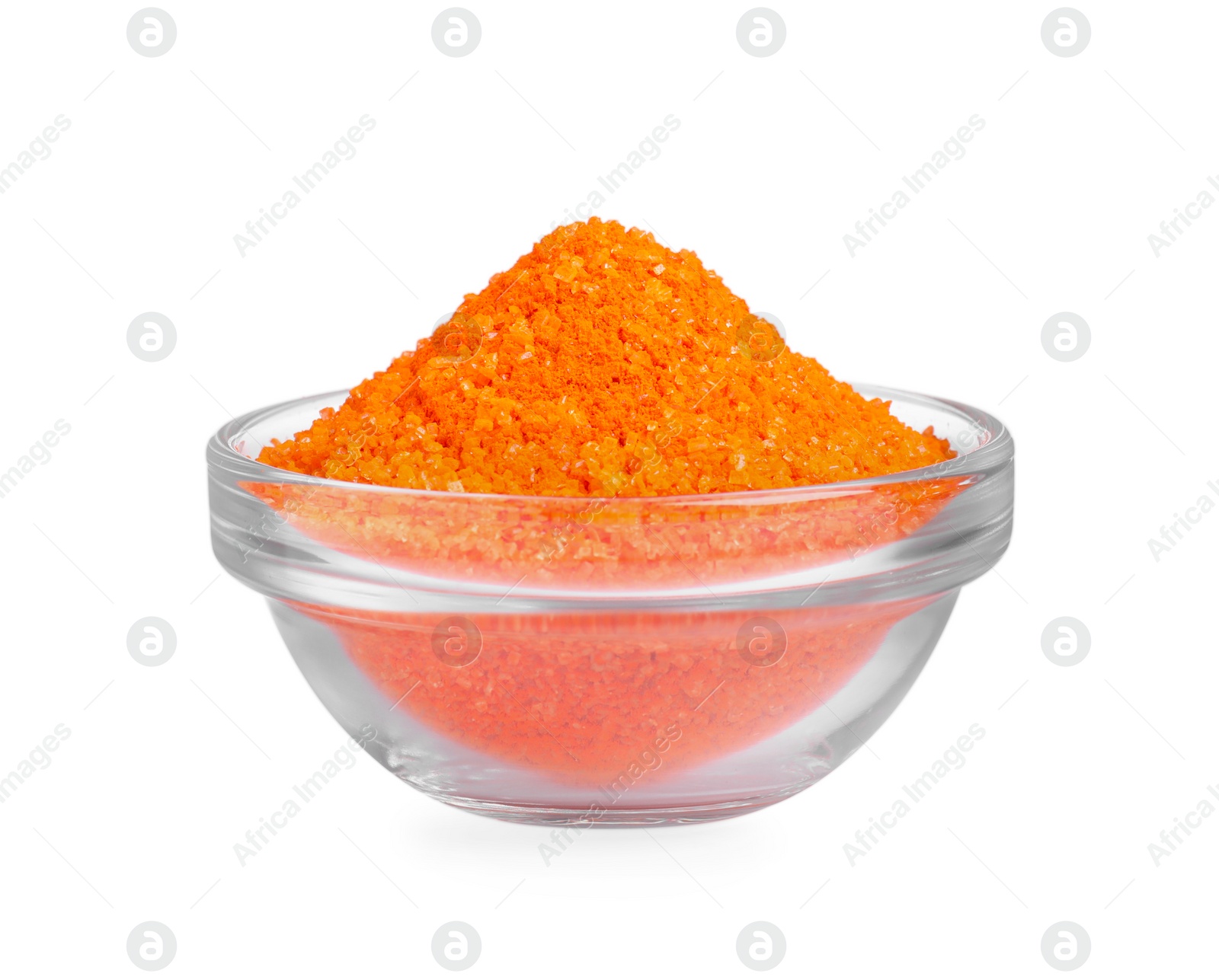 Photo of Glass bowl with orange food coloring isolated on white