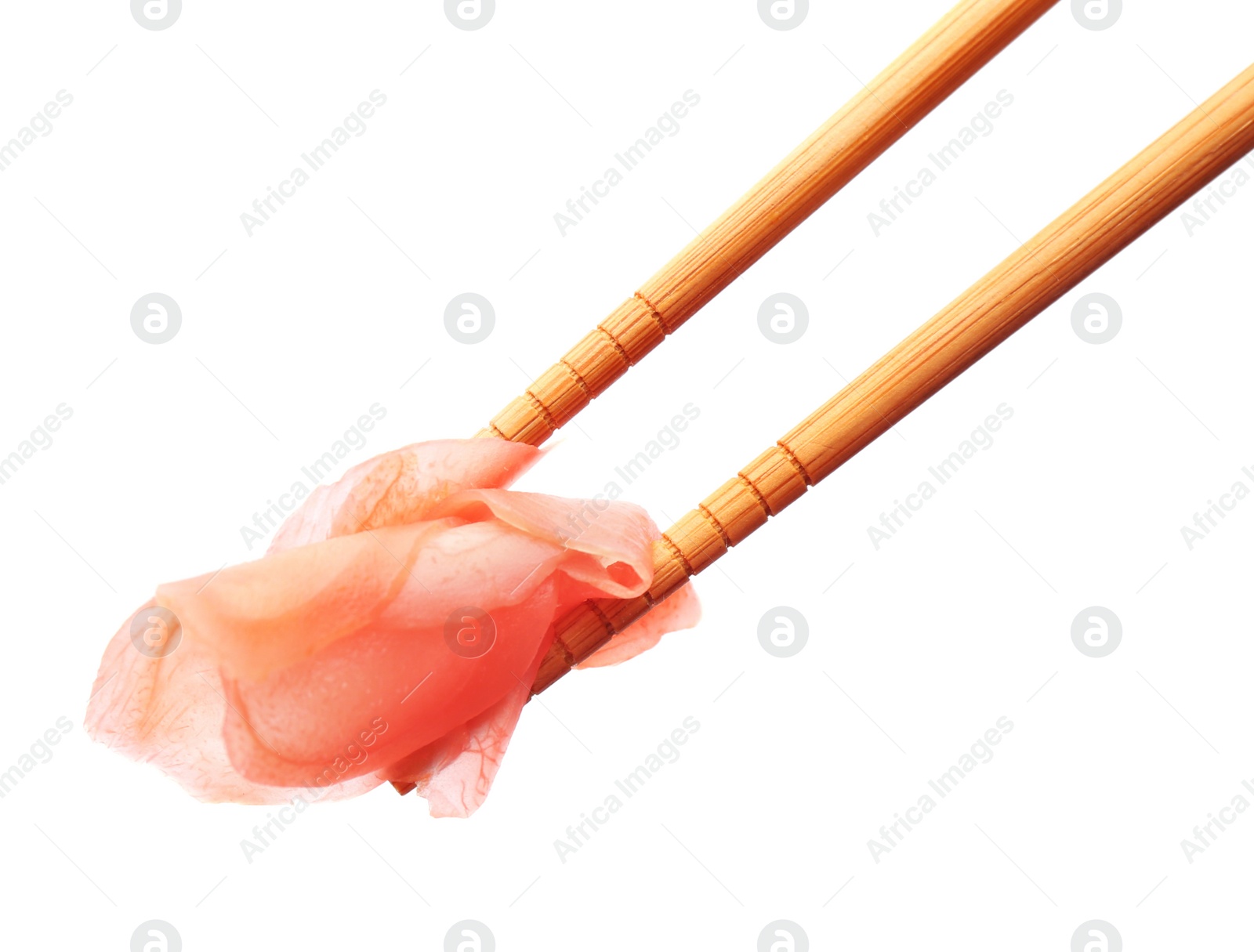 Photo of Chopsticks with pickled ginger on white background