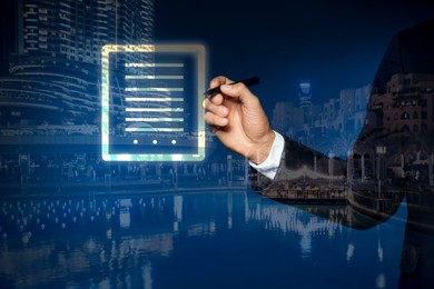 Electronic signature concept. Double exposure of businessman with pen near virtual screen and night cityscape