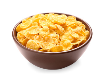 Bowl of tasty corn flakes on white background