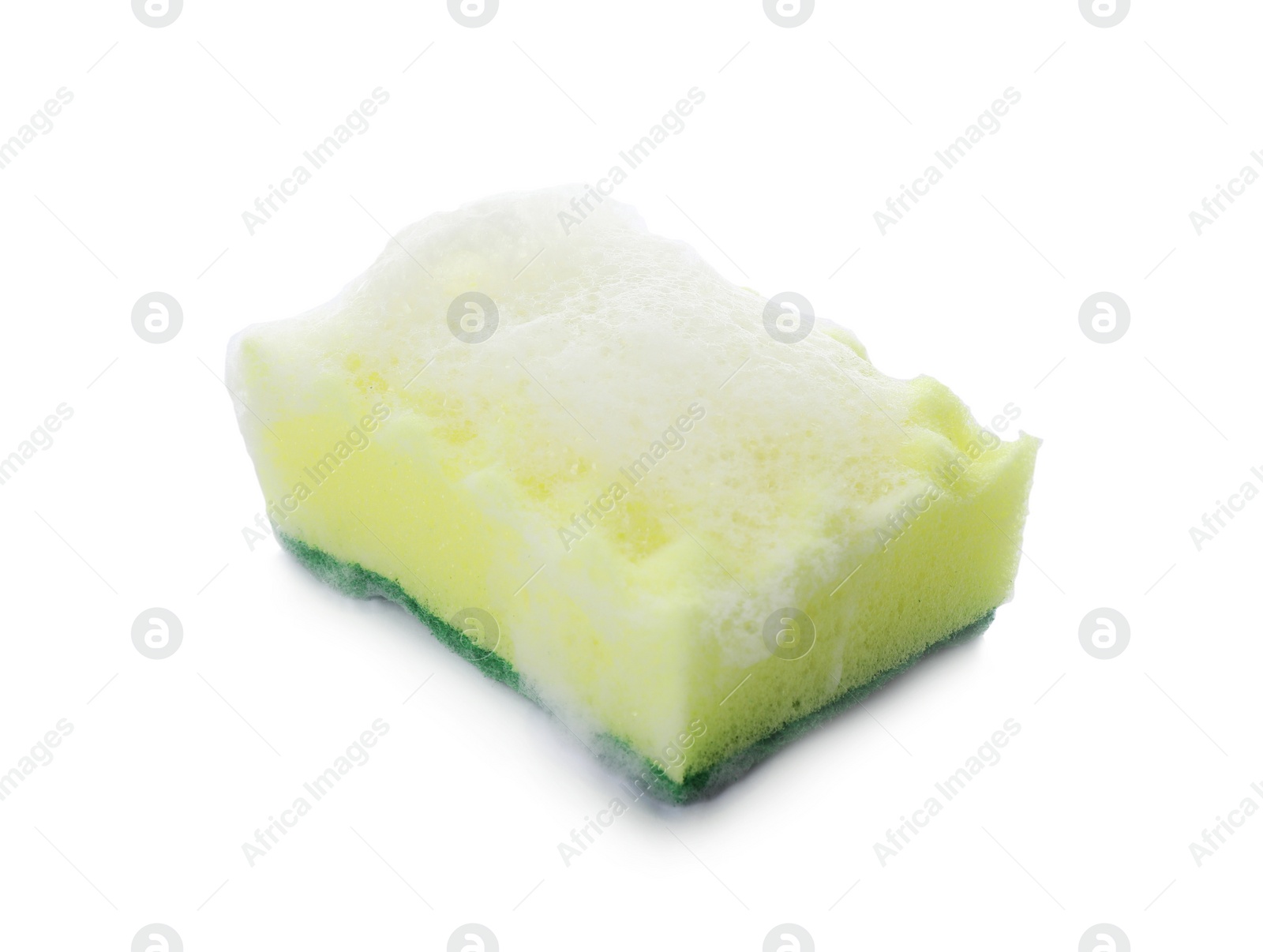 Photo of Yellow cleaning sponge with foam on white background