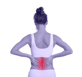 Woman suffering from back pain on white background