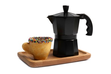 Delicious edible biscuit cup and moka pot on white background