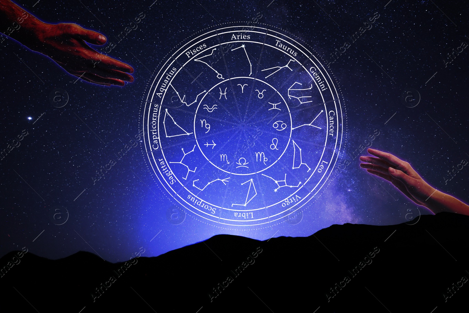 Image of Zodiac compatibility. Man and woman reaching hands to each other and constellations in night sky with stars