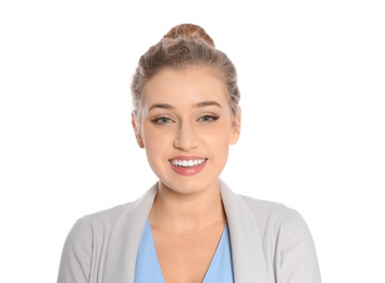 Portrait of young businesswoman laughing on white background