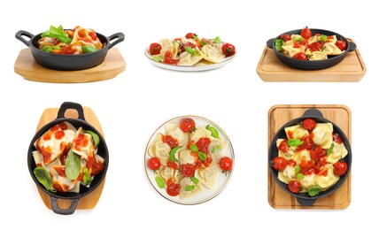 Set of tasty ravioli with tomato sauce on white background