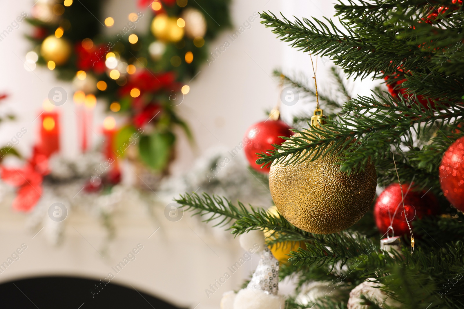 Photo of Christmas tree with beautiful decor indoors, closeup. Space for text