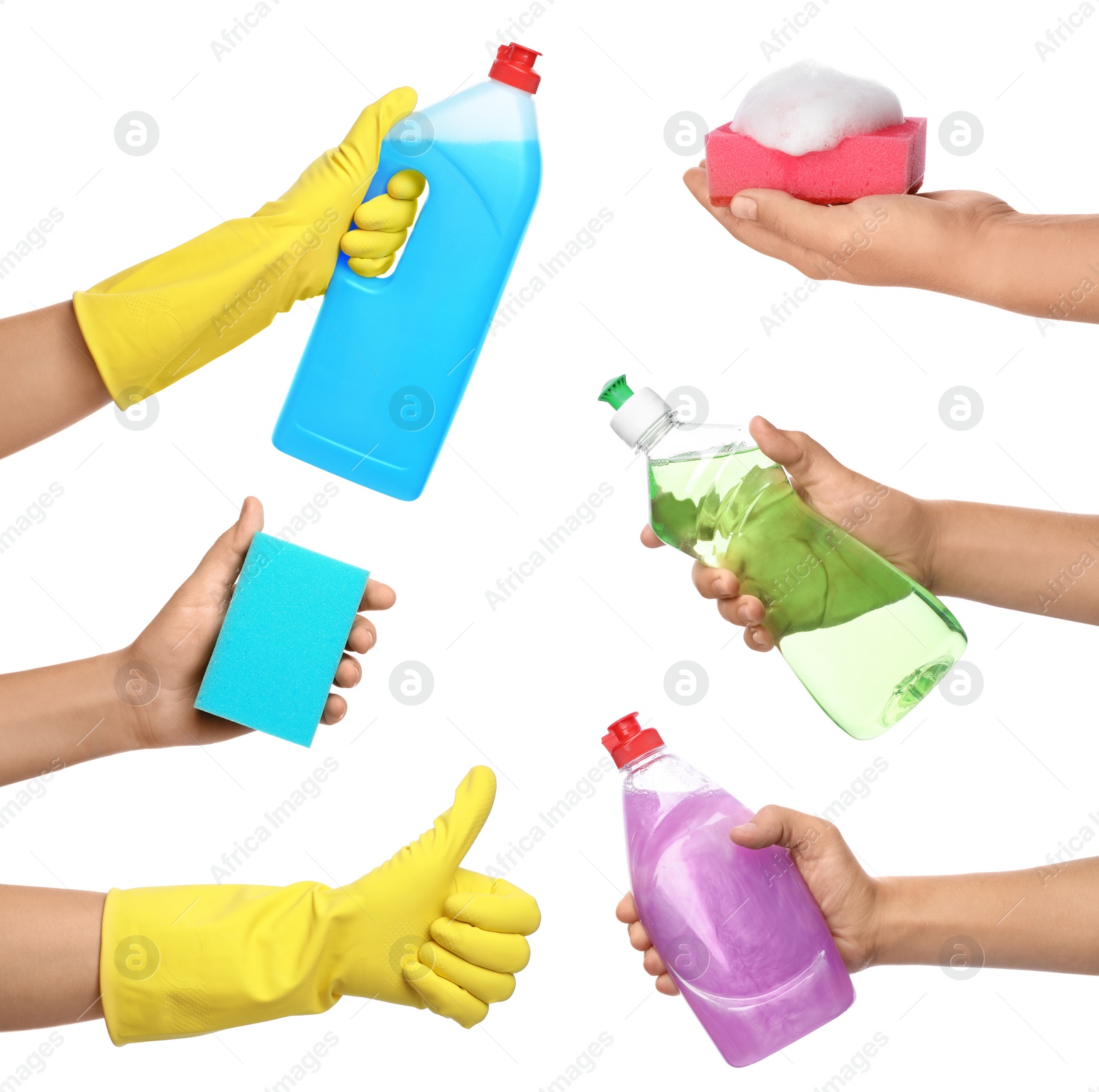 Image of Collage with photos of people holding cleaning supplies on white background, closeup