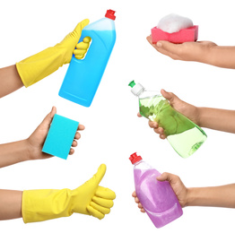 Image of Collage with photos of people holding cleaning supplies on white background, closeup