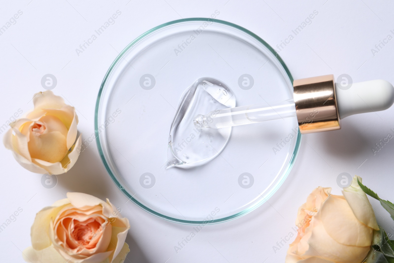 Photo of Petri dish with sample of cosmetic serum, pipette and rose flowers on white background, flat lay