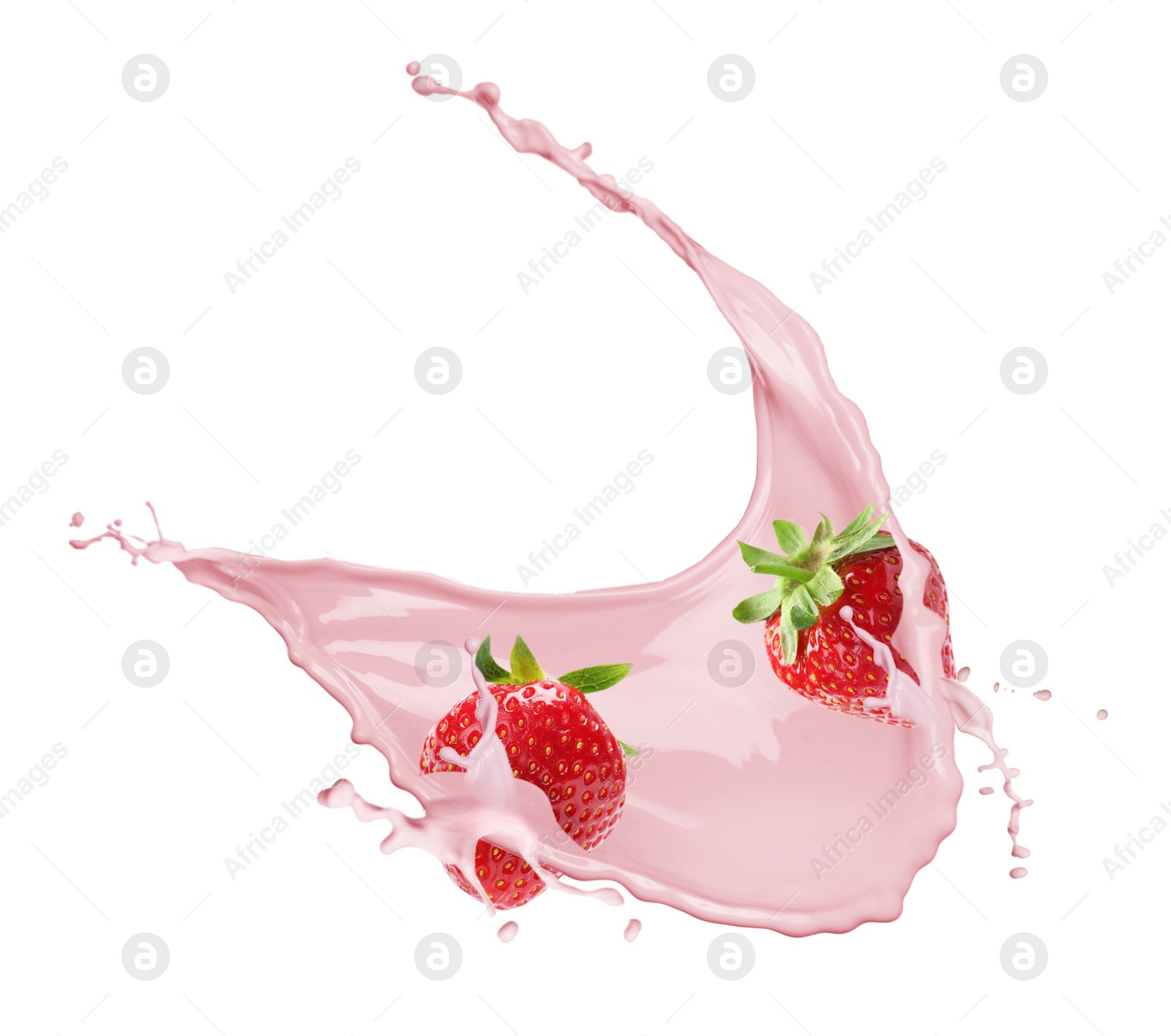 Image of Fresh strawberries with milkshake splash on white background