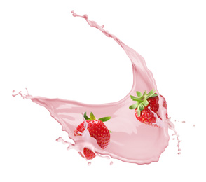 Fresh strawberries with milkshake splash on white background