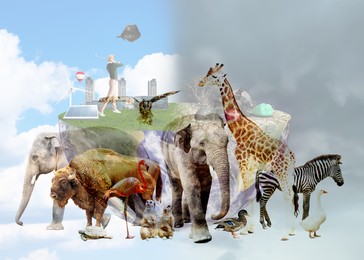 Image of Double exposure of different animals and conceptual image depicting Earth destroying by environmental pollution
