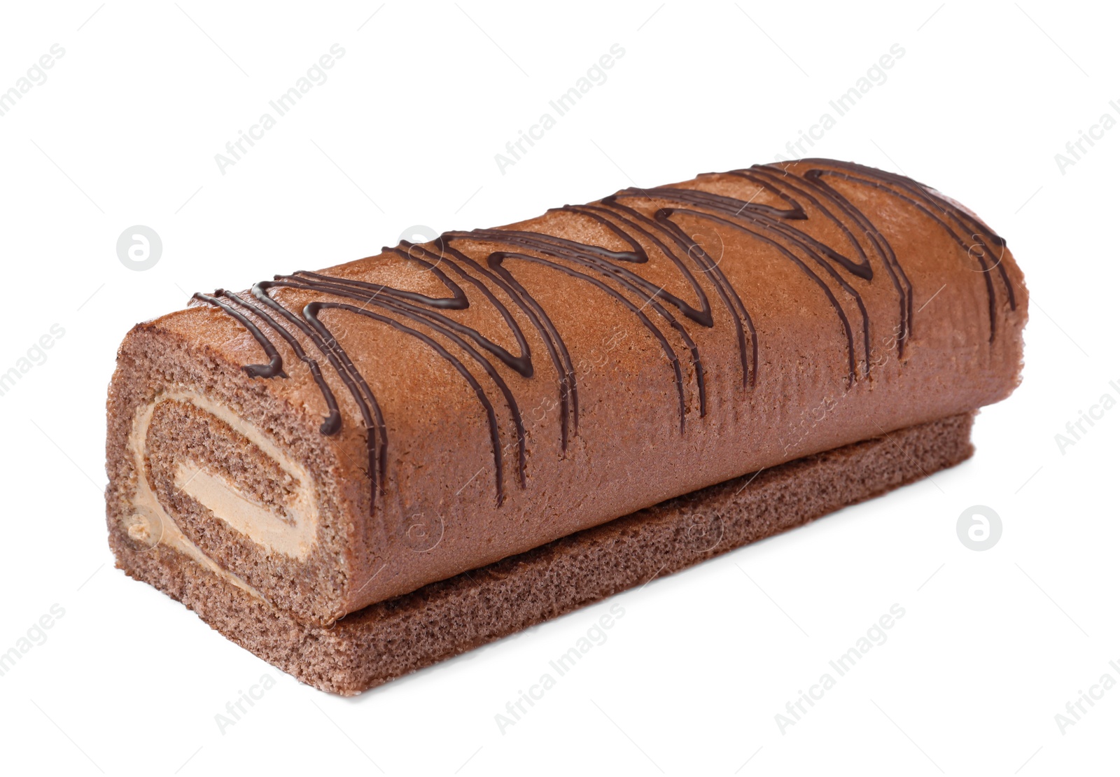 Photo of Tasty chocolate cake roll isolated on white