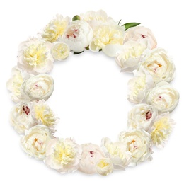 Wreath made of beautiful flowers on white background